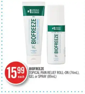 Shoppers Drug Mart Biofreeze topical pain relief roll-on (74 ml) gel or spray (89 ml) offer