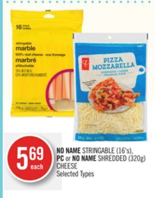 Shoppers Drug Mart No name stringable (16's), pc or no name shredded (320g) cheese offer