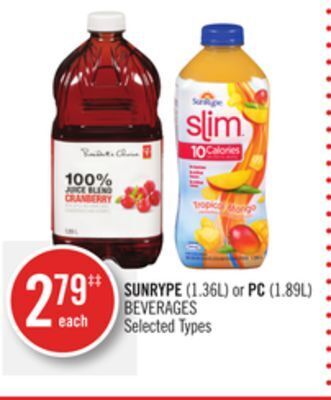 Shoppers Drug Mart Sunrype (1.36l) or pc (1.89l) beverages offer
