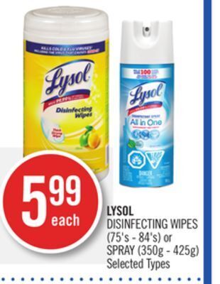 Shoppers Drug Mart Lysol disinfecting wipes (75's - 84's) or spray (350g - 425g) offer