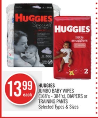 Shoppers Drug Mart Huggies jumbo baby wipes (168's - 384's), diapers or training pants offer