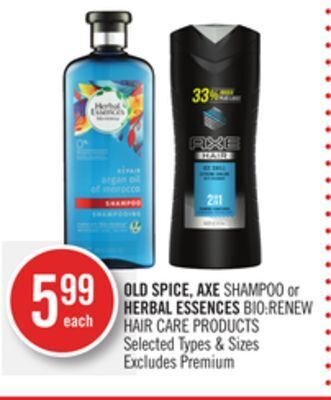 Shoppers Drug Mart Old spice, axe shampoo or herbal essences bio:renew hair care products offer