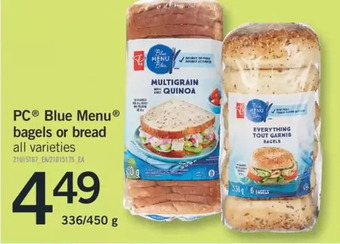 Fortinos Pc blue menu bagels or bread offer