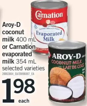 Fortinos Aroy-d coconut milk or carnation evaporated milk offer