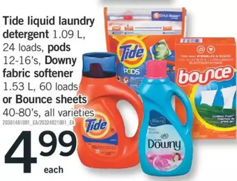 Fortinos Tide liquid laundry detergent, pods, downy fabric softener or bounce sheets offer