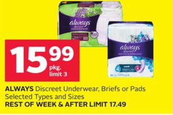 Rexall Always discreet underwear, briefs or pads offer