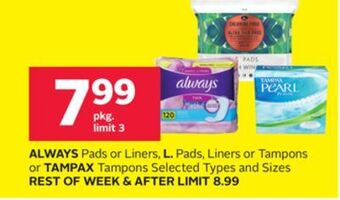 Rexall Always pads or liners, l. pads, liners or tampons or tampax tampons offer