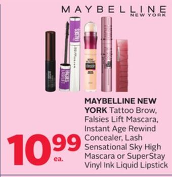 Rexall Maybelline new york tattoo brow, falsies lift mascara, instant age rewind concealer, lash sensational sky high mascara or sup offer