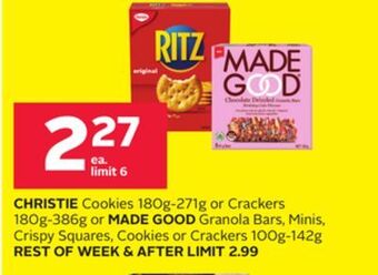 Rexall Christie cookies 180g-271g or crackers 180g-386g or made good granola bars, minis, crispy squares, cookies or crackers 100g-1 offer
