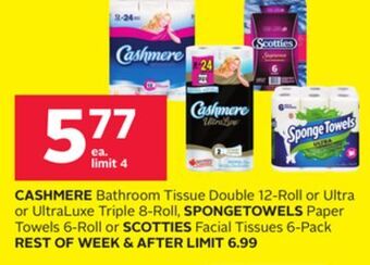 Rexall Cashmere bathroom tissue double 12-roll or ultra or ultraluxe triple 8-roll, spongetowels paper towels 6-roll or scotties fac offer