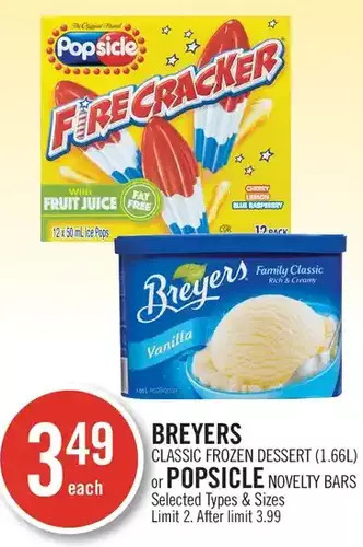 Shoppers Drug Mart Breyers classic frozen dessert or popsicle novelty bars offer