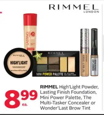 Rexall Rimmel high' light powder, lasting finish foundation, mini power palette, the multi-tasker concealer or wonder' last brow tin offer
