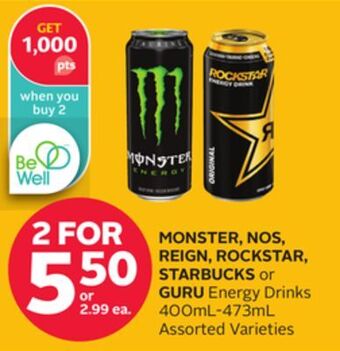 Rexall Monster, nos, reign, rockstar, starbucks or guru energy drinks offer
