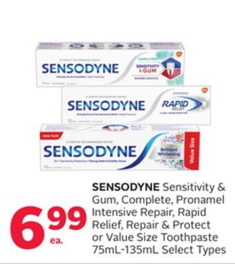 Rexall Sensodyne sensitivity & gum, complete, pronamel intensive repair, rapid relief, repair & protect or value size toothpaste offer