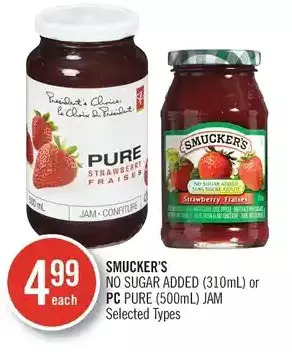 Shoppers Drug Mart Smucker's no sugar added or pc pure jam offer