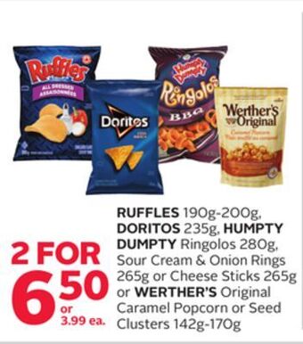 Rexall Ruffles 190g-200g, doritos 235g, humpty dumpty ringolos 280g, sour cream & onion rings 265g or cheese sticks 265g or werther' offer