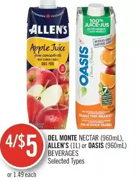 Shoppers Drug Mart Del monte nectar, allen's or oasis beverages offer