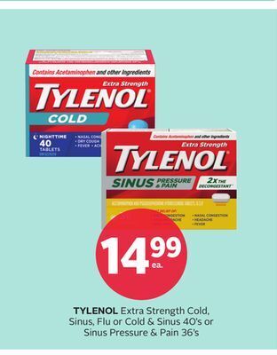 Rexall Tylenol extra strength cold, sinus, flu or cold & sinus 40' s or sinus pressure & pain 36' s offer