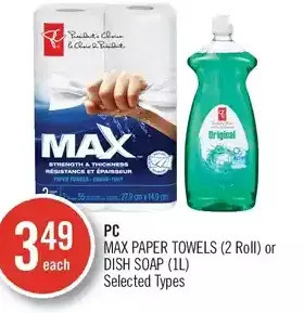 Shoppers Drug Mart Pc max paper towels or dish soap offer