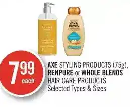 Shoppers Drug Mart Axe styling products, renpure or whole blends hair care products offer