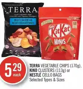 Shoppers Drug Mart Terra vegetable chips, kind clusters or nestlé cello bags offer