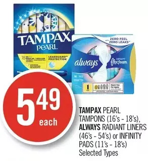 Shoppers Drug Mart Tampax pearl tampons, always radiant liners or infinity pads offer