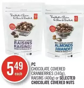 Shoppers Drug Mart Pc chocolate covered cranberries, raisins or chocolate covered nuts offer