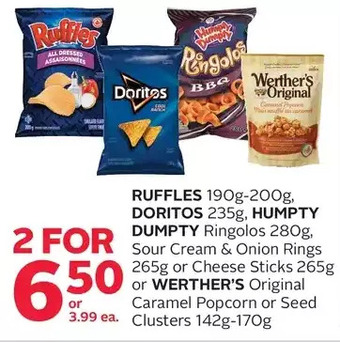 Rexall Ruffles, doritos, humpty dumpty ringolos, sour cream & onion rings or cheese sticks or werther's original caramel popcorn or offer