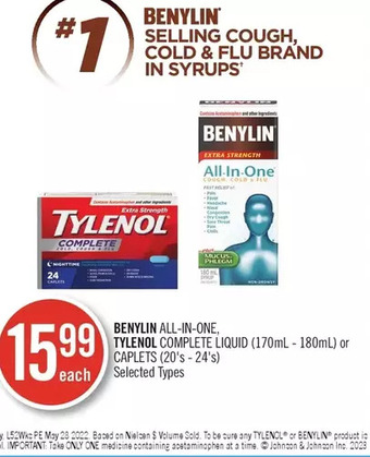 Shoppers Drug Mart Benylin all-in-one, tylenol complete liquid or caplets offer