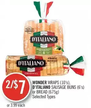 Shoppers Drug Mart Wonder wraps, d'italiano sausage buns or bread offer