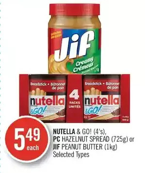 Shoppers Drug Mart Nutella & go!, pc hazelnut spread or jif peanut butter offer