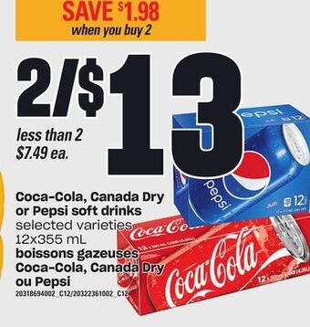 Independent City Market Coca-cola, canada dry or pepsi soft drinks, 12x355 ml offer