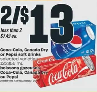 Valu-mart Coca-cola, canada dry or pepsi soft drinks offer