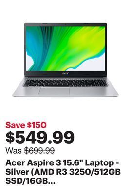 Best Buy Acer aspire 3 15.6" laptop - silver (amd r3 3250/512gb ssd/16gb ram/windows 11) offer