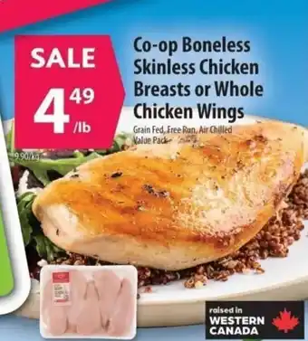Co-Op Food Co-op Boneless skinless chicken breasts or whole chicken wings offer