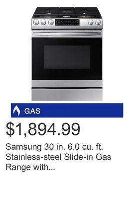Costco Samsung 30 in. 6.0 cu. ft. stainless-steel slide-in gas range with air fryer offer