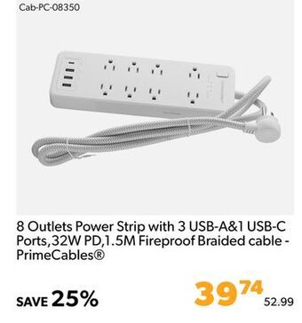 Shopper+ 8 outlets power strip with 3 usb-a&1 usb-c ports,32w pd,1.5m fireproof braided cable - primecables offer