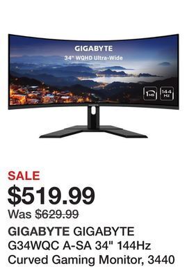 Newegg Gigabyte g34wqc a-sa 34" 144hz curved gaming monitor, 3440 x 1440 va 1500r display, 1ms (mprt), 90% dci-p3, vesa display hdr4 offer