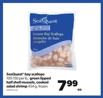 Real Canadian Superstore Seaquest® bay scallops 100-150 per lb, green lipped half shell mussels, cooked salad shrimp 454 g offer