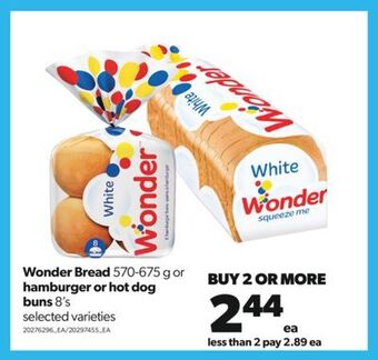 Real Canadian Superstore Wonder bread, 570-675 g or hamburger or hot dog buns, 8's offer