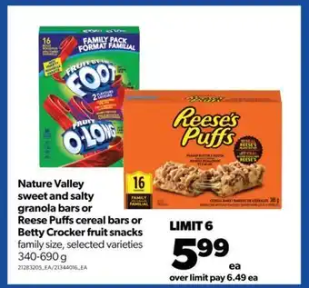 Real Canadian Superstore Nature valley sweet and salty granola bars or reese puffs cereal bars or betty crocker fruit snacks, 340-690 g offer