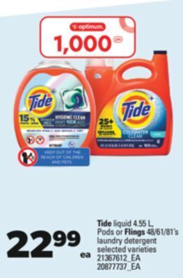 Real Canadian Superstore Tide liquid, 4.55 l, pods or flings, 48/61/81's laundry detergent offer