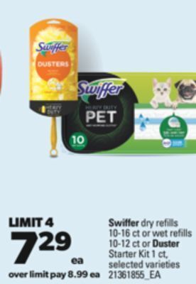 Real Canadian Superstore Swiffer dry refills, 10-16 ct or wet refills, 10-12 ct or duster starter kit, 1 ct offer