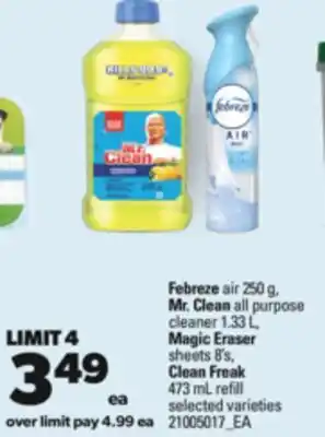 Real Canadian Superstore Febreze air, 250 g, mr. clean all purpose cleaner, 1.33 l, magic eraser sheets, 8's, clean freak, 473 ml refill offer