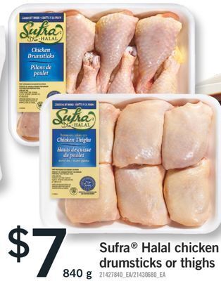 Fortinos Sufra® halal chicken drumsticks or thighs, 840 g offer