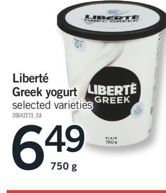 Fortinos Liberté greek yogurt, 750 g offer