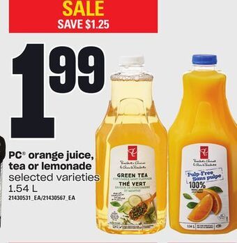 Loblaws Pc® orange juice, tea or lemonade, 1.54 l offer
