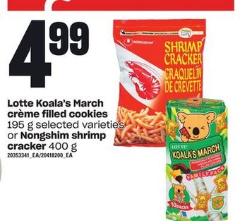 Loblaws Lotte koala's march crème filled cookies, 195 g or nongshim shrimp cracker, 400 g offer