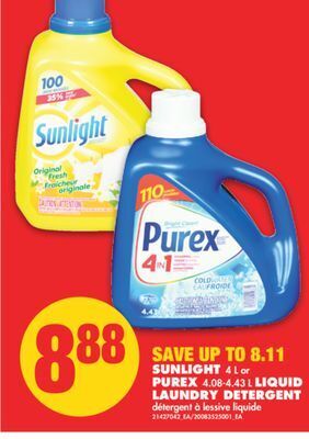 No Frills Sunlight, 4 l or purex, 4.08-4.43 l liquid laundry detergent offer