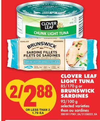 No Frills Clover leaf light tuna, 85/170 g or brunswick sardines, 92/100 g offer